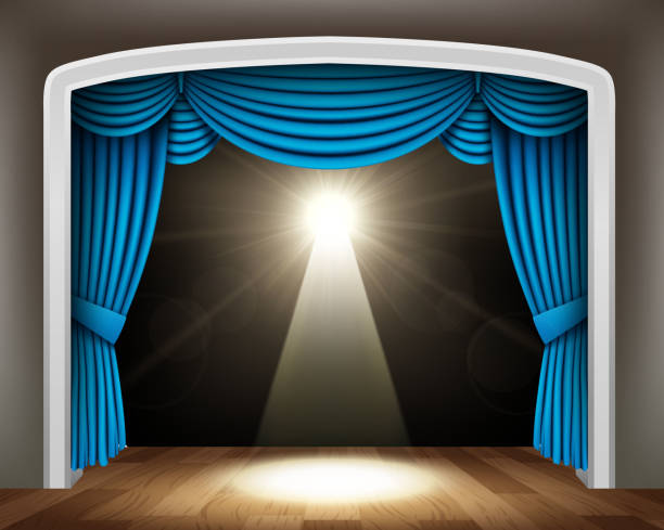 ilustrações de stock, clip art, desenhos animados e ícones de azul clássico de cortina de teatro com o spotlight no chão de madeira - backdrop blue southern usa usa