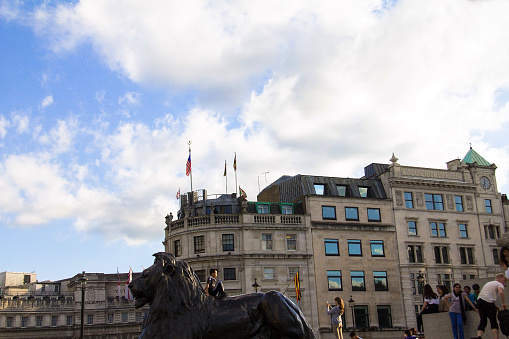 Lion at the base of the Nelson column in London in Trafalgar square