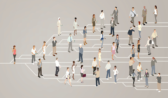 The concept of a social network is illustrated by showing a network of lines splitting off into nodes or branches. As the message spreads in viral fashion, detailed and illustrated men and women can be seen communicating and spreading the message further, until it has reached a crowd.