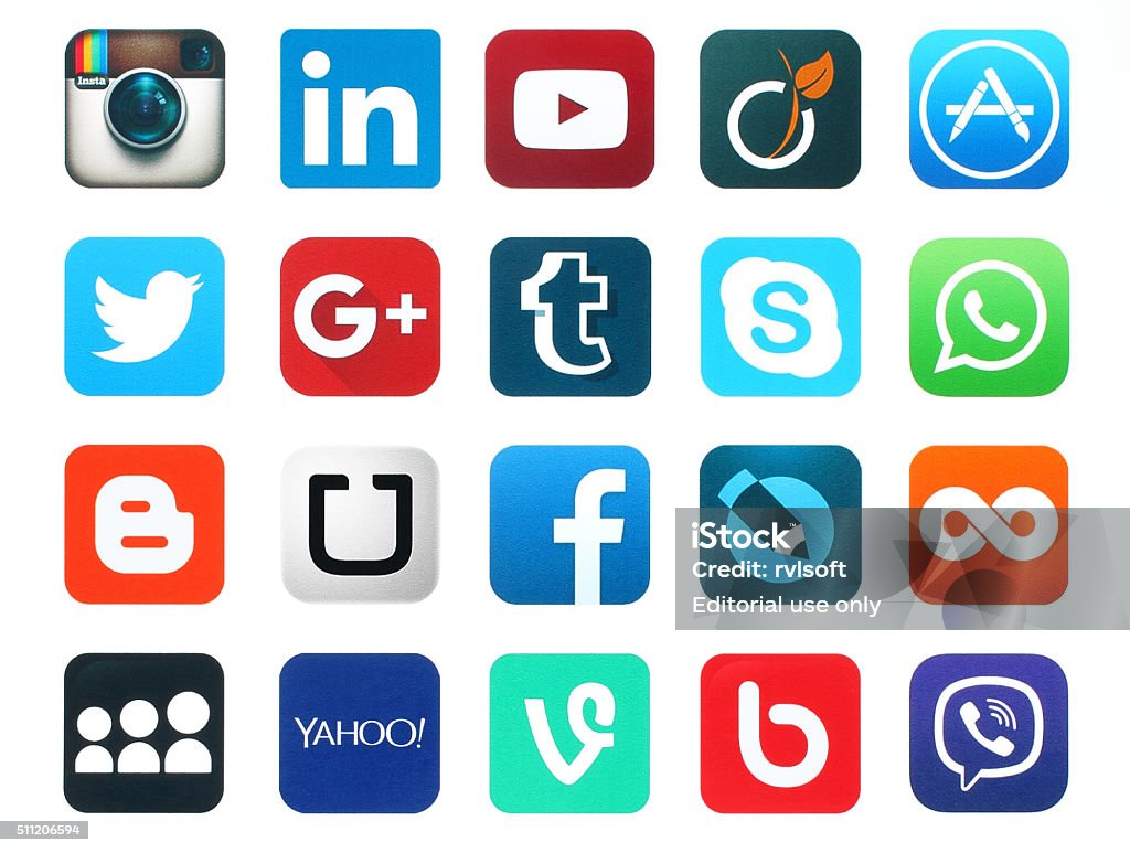 Popular social media icons Kiev, Ukraine - January 23, 2016: Popular social media icons such as: Facebook, Twitter, Blogger, Linkedin, Tumblr, Myspace and others, printed on white paper. Whatsapp Stock Photo