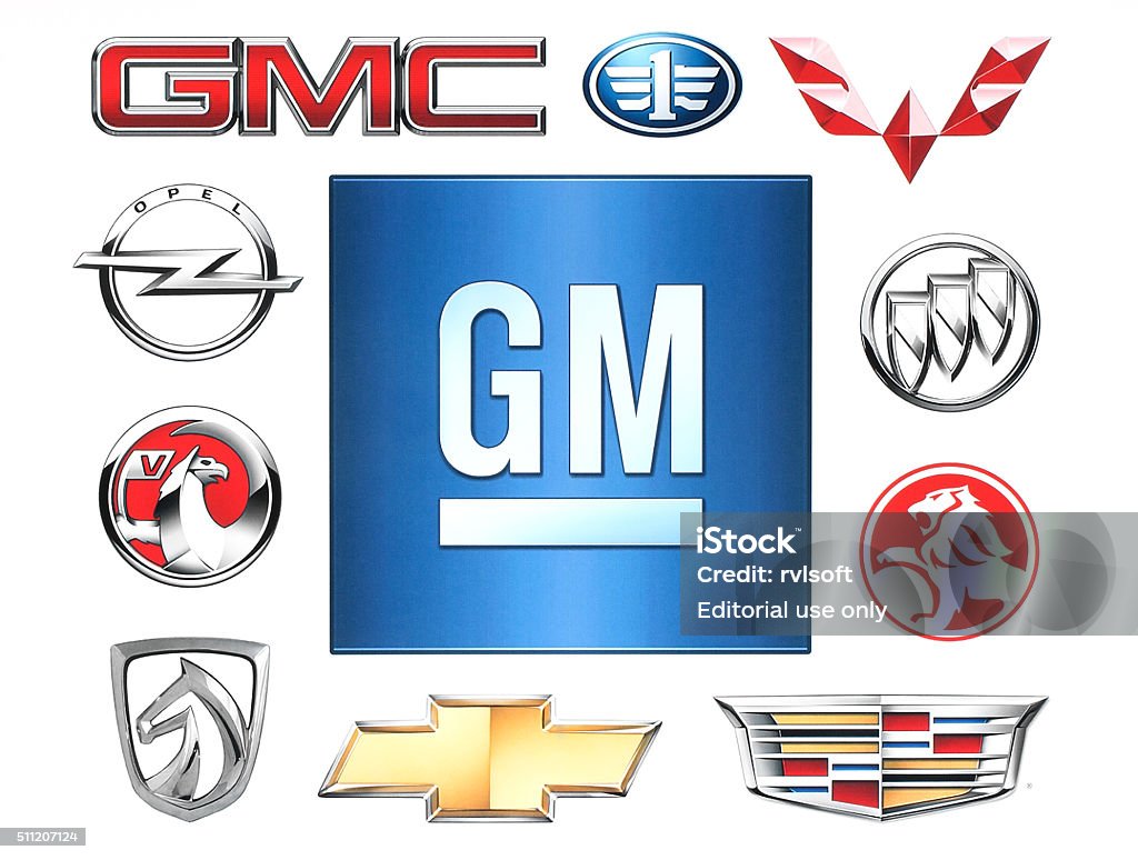 Brands of General Motors Company printed on paper. Kiev, Ukraine - February 1, 2016:Brands of General Motors Company printed on paper. General Motors Company is an American multinational corporation that designs, manufactures and distributes vehicles. General Motors Stock Photo