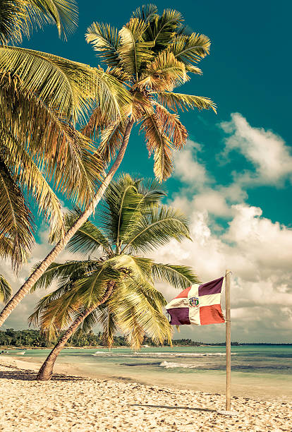 istock Caribbean beach and Dominican Republic flag 511207854