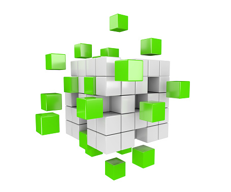 3D render illustration -  green and white cubes falling apart