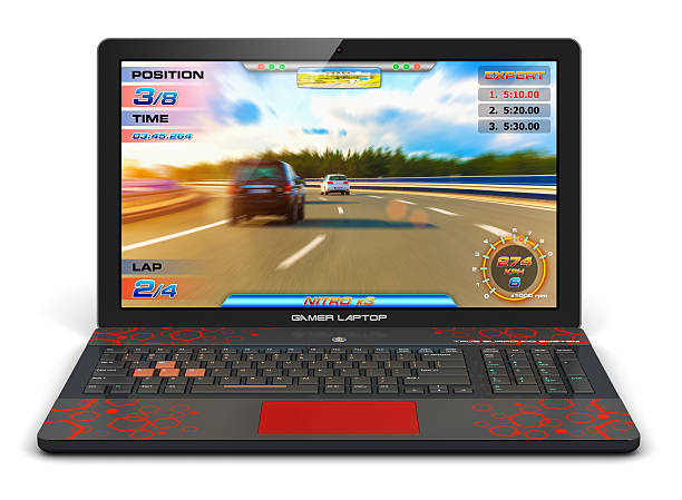 Creative abstract computer gaming and PC entertainment technology concept: modern black gamer laptop or notebook with video game isolated on white background