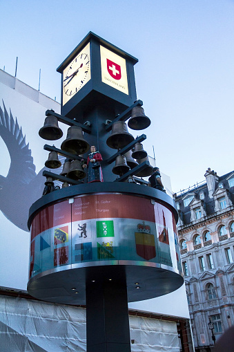 London, UK  - June 5, 2015:  Swiss chime at Leicester Square  at the evening time.  It was a gift from Switzerland for their 400th birthday because of the long friendship of the countries.