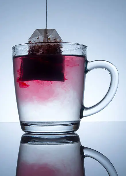 Photo of tea bag in a transparent mug with beautiful abstract stains