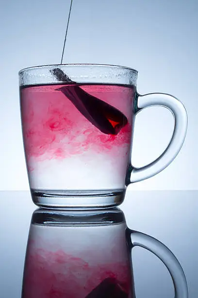 Photo of tea bag in a transparent mug with beautiful abstract stains