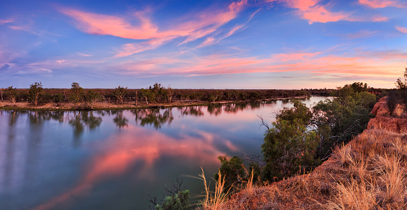 at the edge of shart red cliffs in Victoria on Murray river at sunset. Bending river flows in agricultural region of Australia between NSW and VIC.