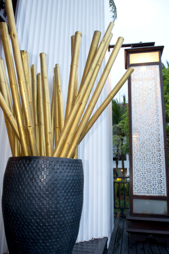 Bamboo painted in gold colour, resting in a pot.