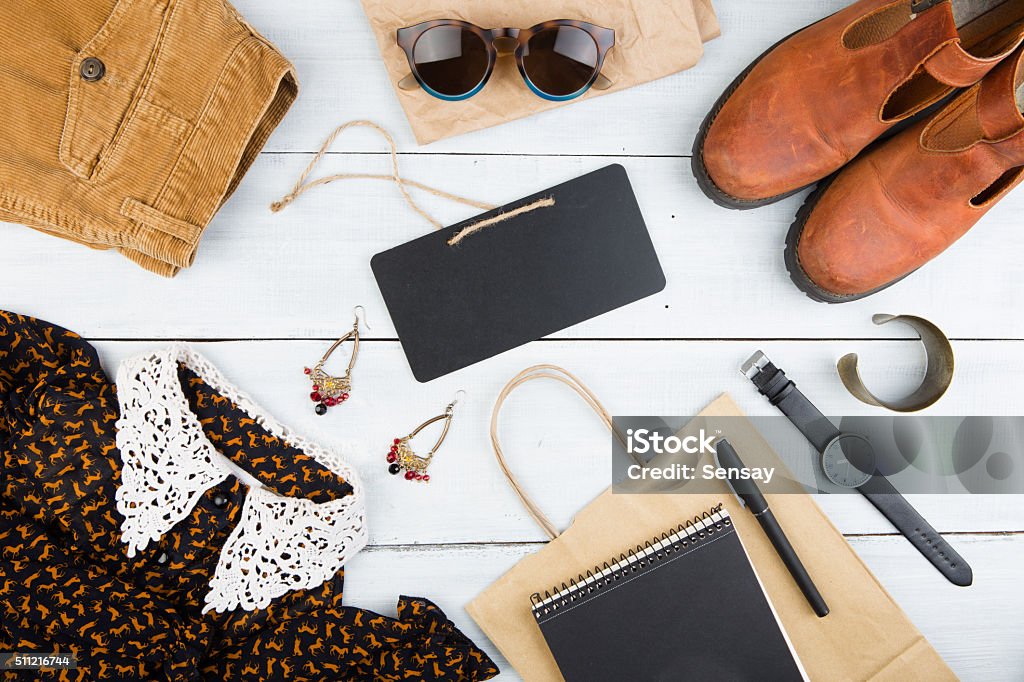 set of cool woman stuff and blank signboard Clothing Stock Photo