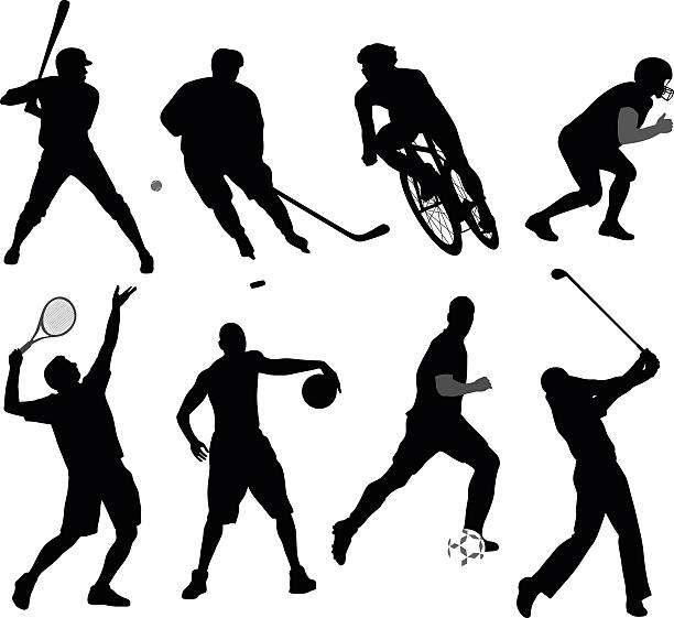 ilustraciones, imágenes clip art, dibujos animados e iconos de stock de silueta deporte variedad - tennis serving sport athlete