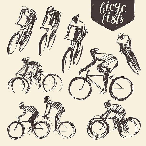 Hand draw set mountain bicyclist bike cycle sketch Hand drawn set of bicyclist rider men with bikes isolated on background, vector illustration, sketch cycling bicycle pencil drawing cyclist stock illustrations