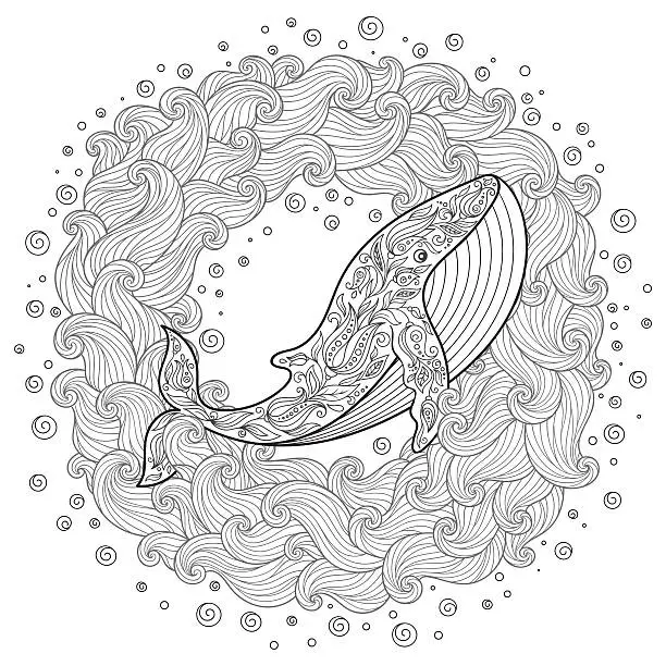 Vector illustration of Hand drawn whale in the waves for Coloring Page