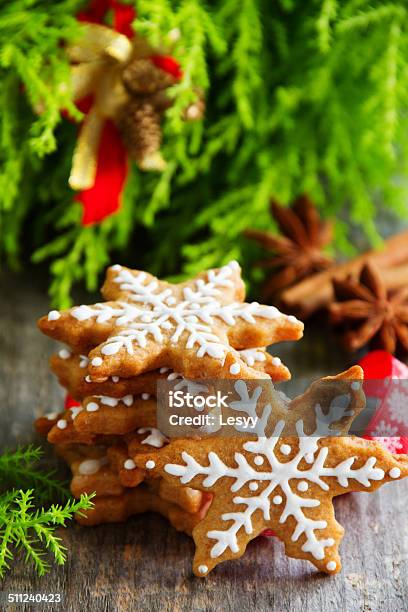 Christmas Gingerbread Cookie In The Form Of A Snowflake Stock Photo - Download Image Now