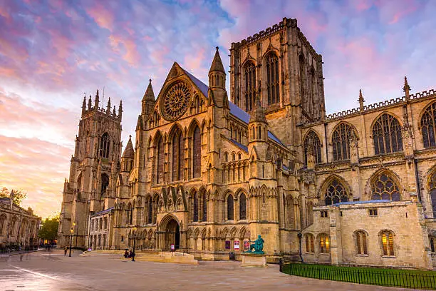 Wide angle view of York Minster at sunset in the city of York, Yorkshire, England, UK.