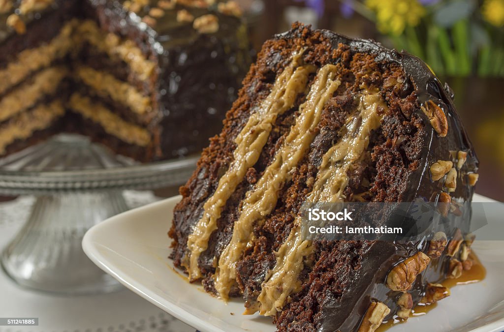 chocolate caramel and pecan cake single slice of chocolate caramel and pecan cake ready to enjoy Baked Stock Photo