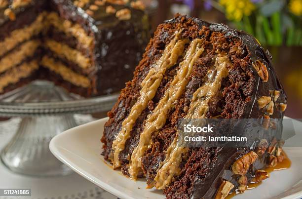 Chocolate Caramel And Pecan Cake Stock Photo - Download Image Now - Baked, Bakery, Bread