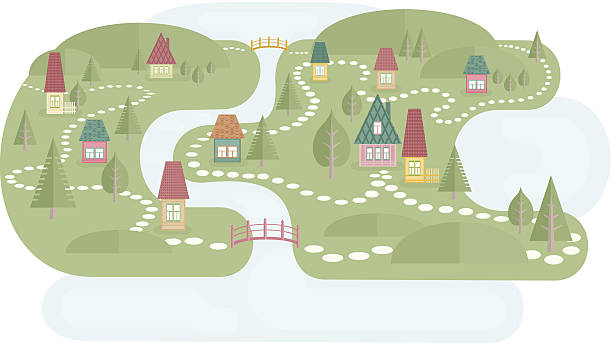 Map With Fairyland Illustration of landscape with small village near lake and river. Colorful houses, abstract trees and bridges. Cute pathways between houses. Map elements. Flat style. Vector file is EPS8, all elements are grouped. stepping stone cartoon stock illustrations