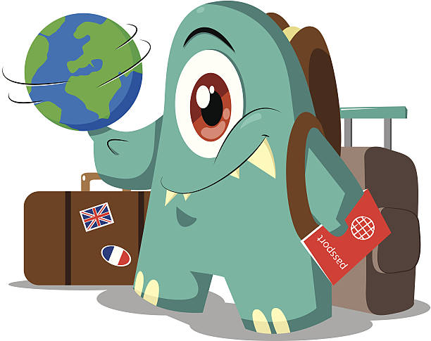 Travel away Cute monster for traveling agency. finger spinning globe stock illustrations