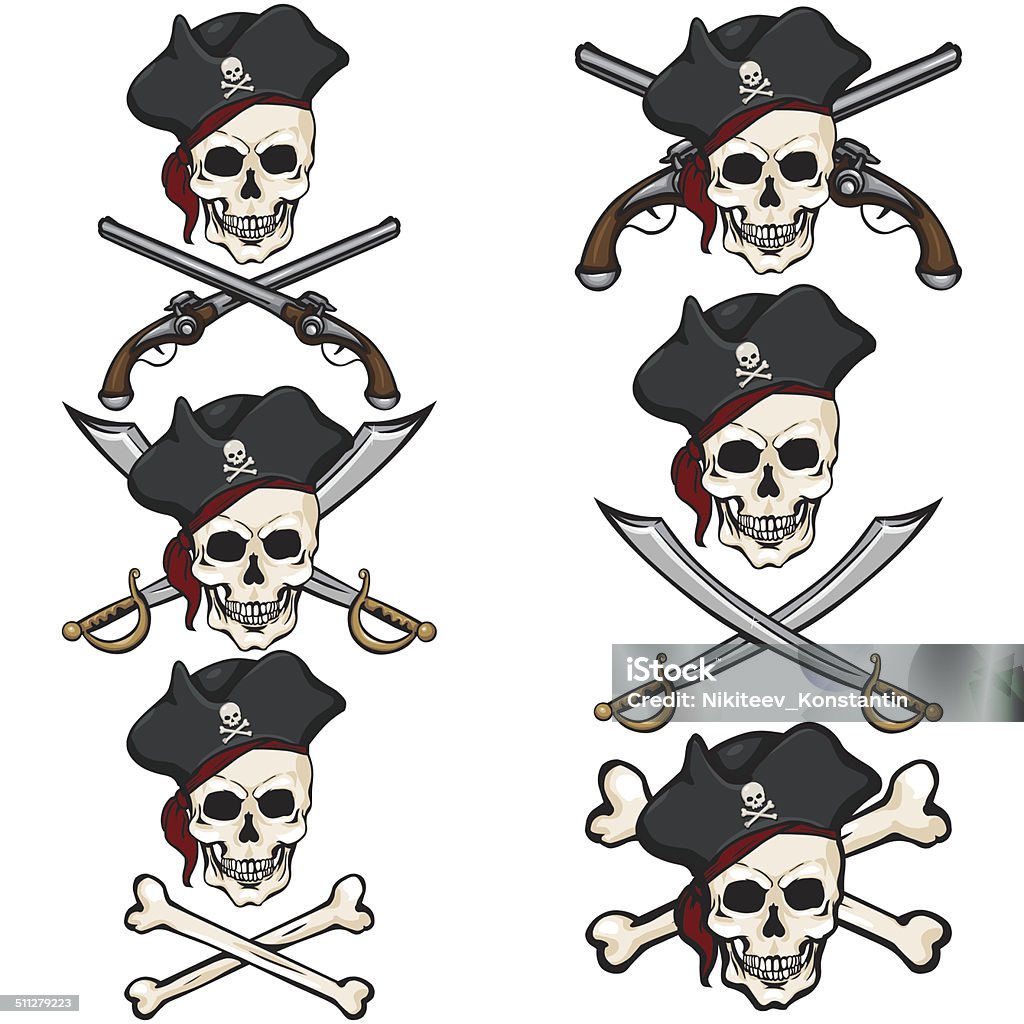Vector Set of Cartoon Pirate Skulls in Tricorn Pirate - Criminal stock vector