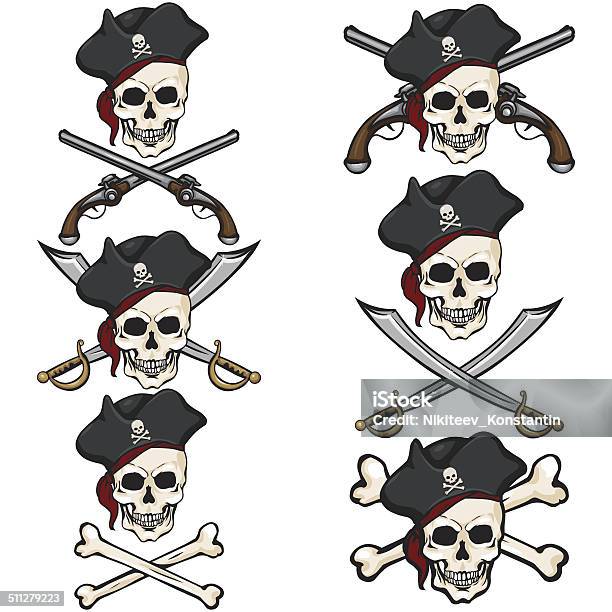 Vector Set Of Cartoon Pirate Skulls In Tricorn Stock Illustration - Download Image Now - Pirate - Criminal, Skull and Crossbones, Blackjack