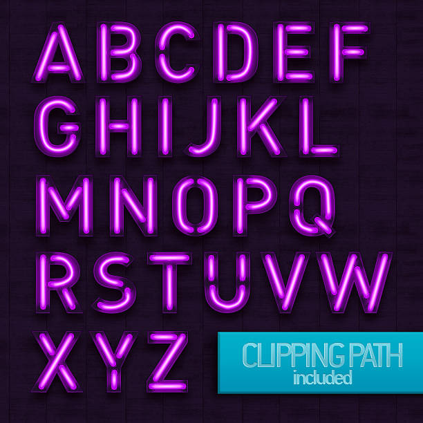 neon letters purple - bord bericht stockfoto's en -beelden