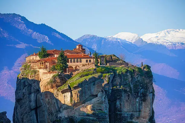 View on the mysterious Monastery of the Holy Trinity, situated in the mountains of Greece