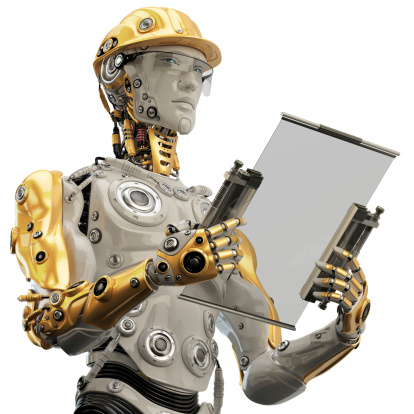 Futuristic Engineer in yellow hardhat holding tablet