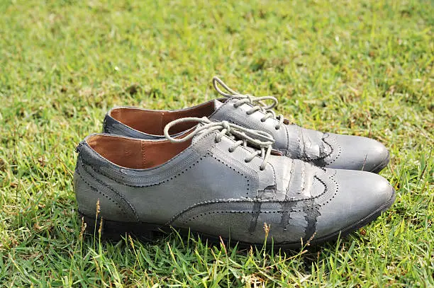 Damaged old grey brogue shoes which made from leatherette on green lawn back ground 