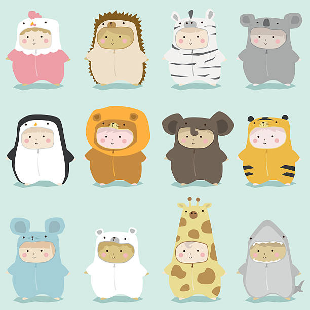 set of kids in cute animal costumes 2 - tavuk kostümü stock illustrations