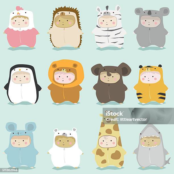 Set Of Kids In Cute Animal Costumes 2 Stock Illustration - Download Image Now - Baby - Human Age, Animal, Costume