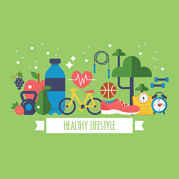 ilustraciones, imágenes clip art, dibujos animados e iconos de stock de concepto de estilo de vida saludable con iconos de comida y deportes - fitness