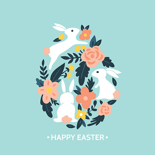 Easter egg design with easter bunny and flowers Easter egg design with easter bunny and flowers. Hand drawing vector illustration craft kit stock illustrations