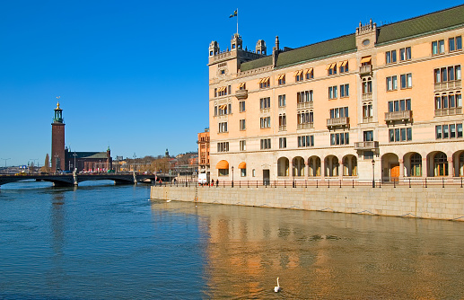 Stockholm, Sweden – April 14, 2010: Rosenbad.The Prime Minister's Office and the Government Chancellery. On the background is City Hall