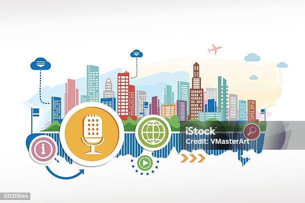 Microphone And Cityscape Background With Different Icon And Elem Stock Illustration - Download Image Now