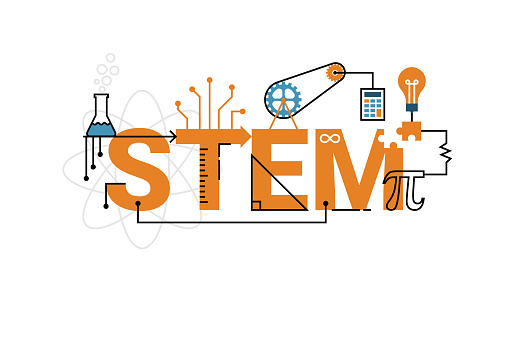 Illustration of STEM education word typography design in orange theme with icon ornament elements