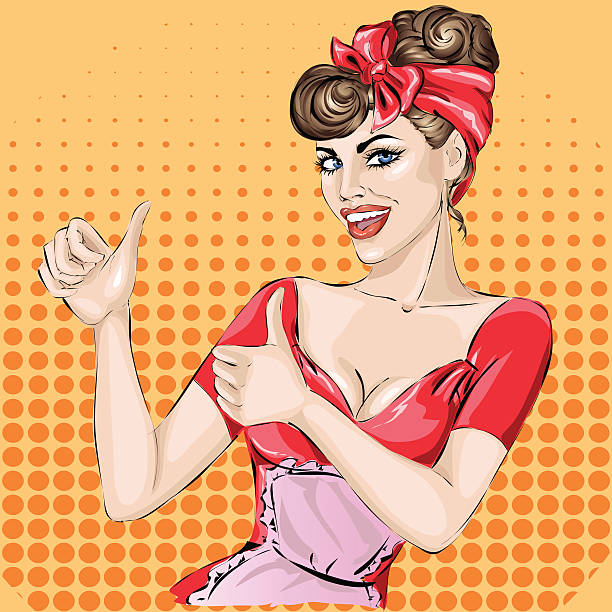 Pin-up waitress with thumbs up in bistro cafe Pin-up waitress with thumbs up in bistro cafe.  Fashion, sexy woman, hand drawn vector illustration Background 40s pin up girls stock illustrations