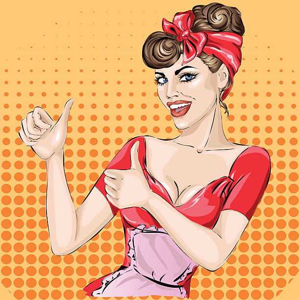 Pin-up waitress with thumbs up in bistro cafe Pin-up waitress with thumbs up in bistro cafe. Fashion, sexy woman, hand drawn vector illustration Background pics for classic pin up poses stock illustrations