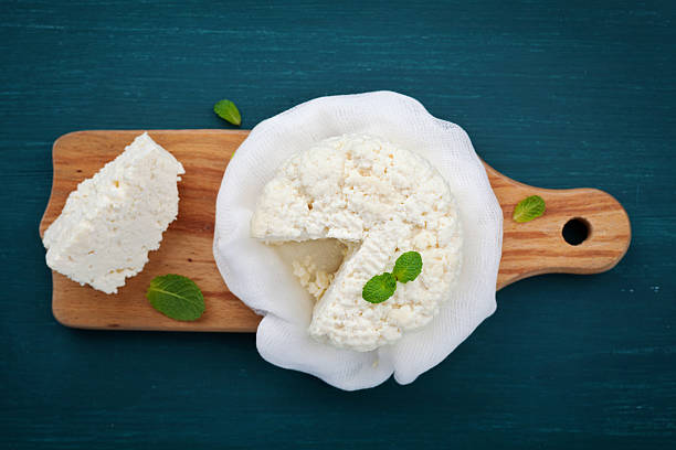 Homemade cottage cheese or curd, rustic style, top view