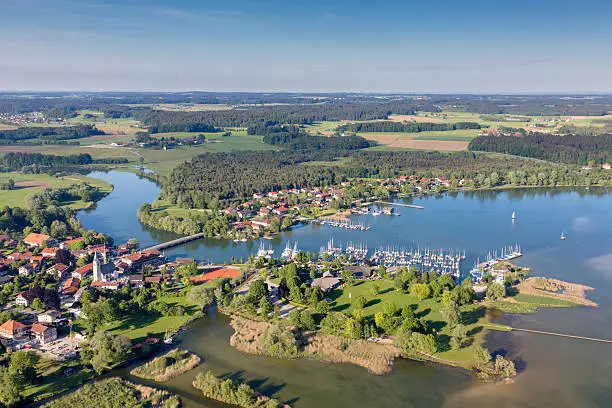 Lake chiemsee and city Seebruck with River Alz  - arial view