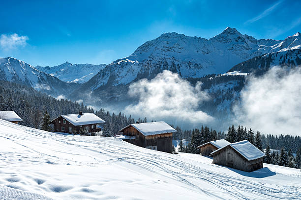 inverno paesaggio con sci lodge nelle alpi austriache - hut winter snow mountain foto e immagini stock