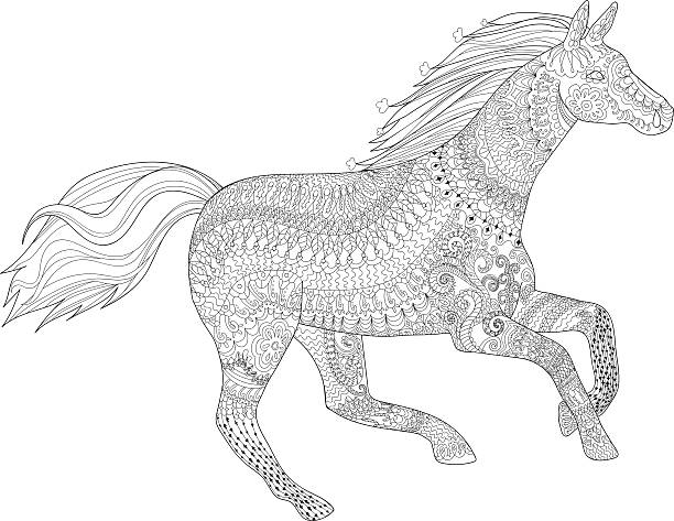 Running horse with high details Adult coloring page for antistress art therapy. Running horse in tracery style. Template for t-shirt, tattoo, poster or cover. Vector illustration. free tattoo designs to print out stock illustrations