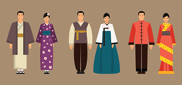 azjatyckich kobiet i mężczyzn w kostiumy krajowych. ilustracja wektorowa - traditional clothing illustrations stock illustrations