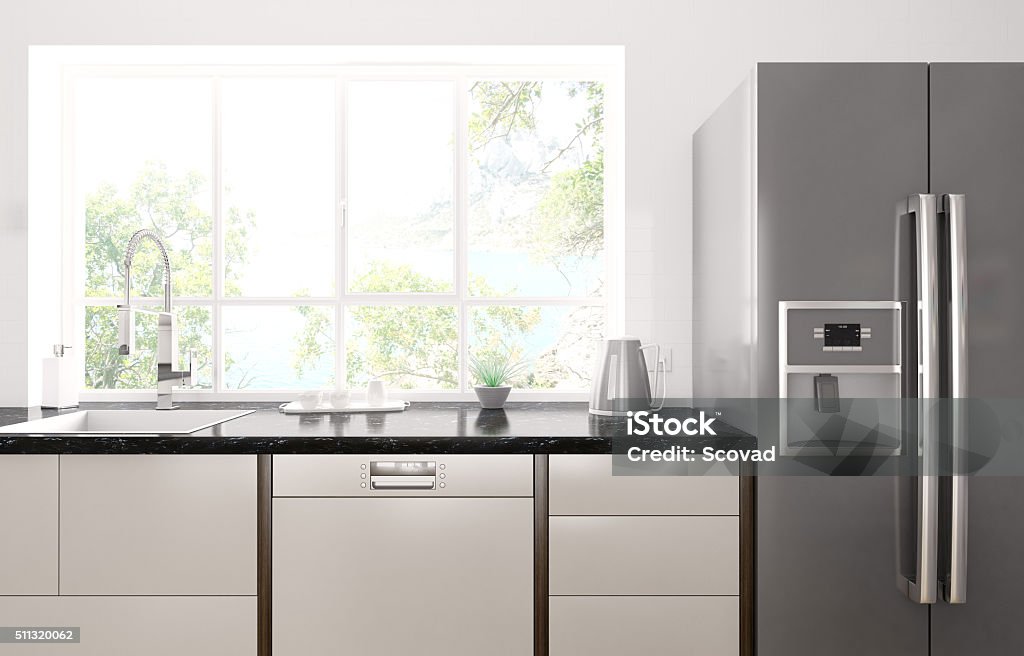 Modern kitchen interior 3d render Interior of modern kitchen with black granite counter, refrigerator 3d render. Photo behind the window is my own work, all rights belong to me. Kitchen Stock Photo