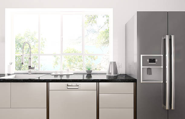 Modern kitchen interior 3d render Interior of modern kitchen with black granite counter, refrigerator 3d render. Photo behind the window is my own work, all rights belong to me. side by side stock pictures, royalty-free photos & images