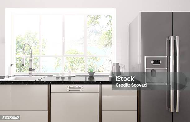 Modern Kitchen Interior 3d Render Stock Photo - Download Image Now - Kitchen, Dishwasher, Refrigerator