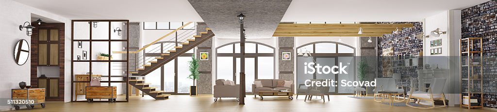 Panorama von Dachboden Interieur Wohnzimmer 3d-Abbildung - Lizenzfrei Loft Stock-Foto