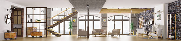 Panorama of loft apartment interior, living room 3d rendering