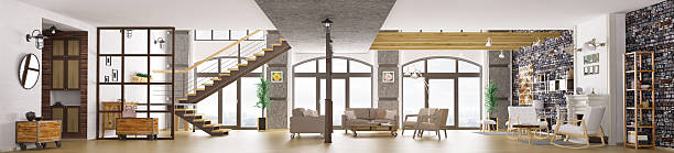 Panorama of loft apartment interior, living room 3d rendering Panorama of modern loft apartment interior, living room, hall, staircase, fireplace 3d rendering. All images, photos, pictures used in this interior are my own works, all rights belong to me. dresser domestic room entrance hall home interior stock pictures, royalty-free photos & images