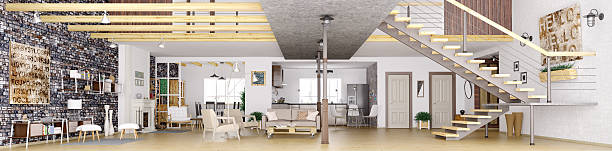 istock Panorama of loft apartment interior 3d rendering 511321084